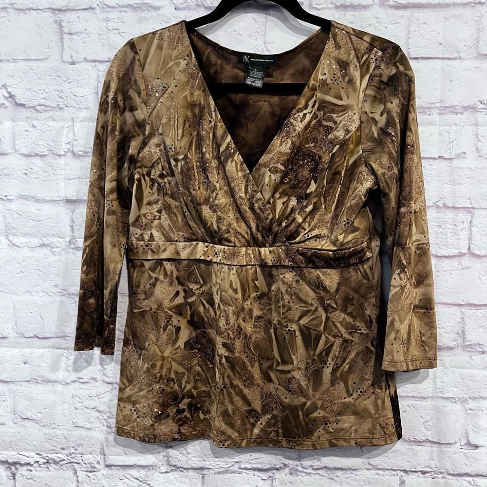 INC‎ International Concepts Brown Slinky Stretch 3/4 Sleeve Top Size L